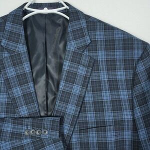 Stafford Mens Blue Plaid Wool Linen Blend Sport Coat Blazer 52 REG Portly Fit